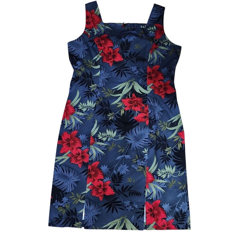 Caribbean Joe Women Hawaiian Tropical Floral Sleeveless Dress Knee Length Size L